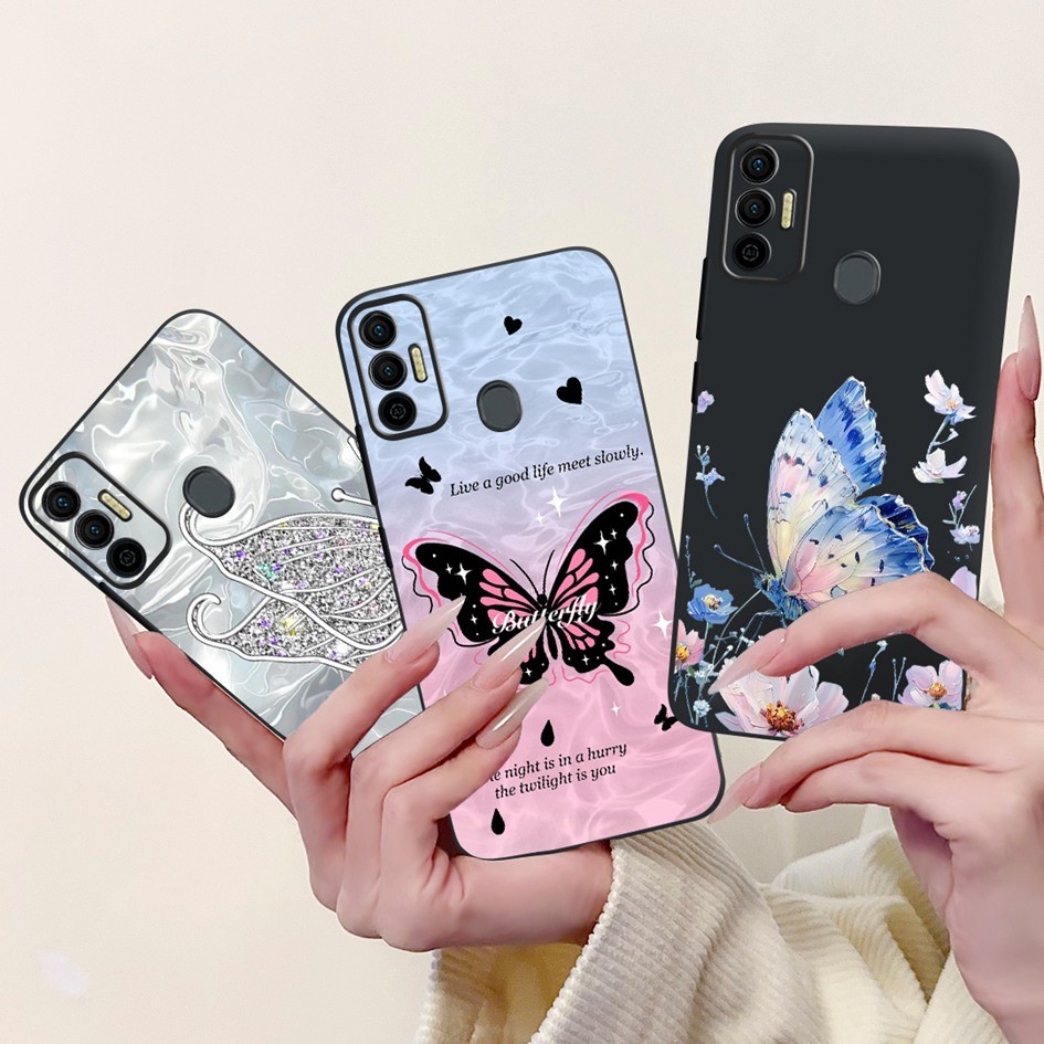 สําหรับ Tecno Spark 7 กรณี KF6 KF6j KF6i KF6k PR651 ฝาครอบผีเสื้อยอดนิยมดอกไม้ซิลิโคนสีดําสําหรับ Te