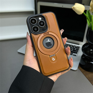 หรูหราขาตั้งแม่เหล็กแหวนหนัง PU เคสโทรศัพท์สําหรับ IPhone 16 15 14 13 12 Pro Max Hollow โลโก้ฝาครอบ
