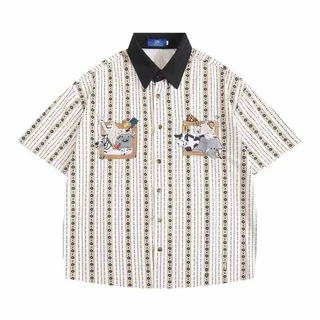 SUIKONE ซุยโคเนะ ญี่ปุ่นย้อนยุคการ์ตูนปักแนวตั้งลายเสื้อแขนสั้นฤดูร้อนผู้ชายและผู้หญิงเสื้อลําลองหลวม