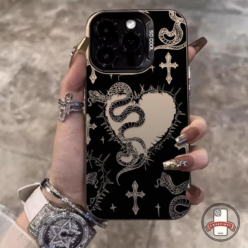 การ์ตูนรักหัวใจแฟชั่นงูสีดำย้อนยุค เคส Samsung A05 A14 A54 A03s A04s A02s A12 A31 A51 A34 A60 A15 A10s A05s A21s A32
