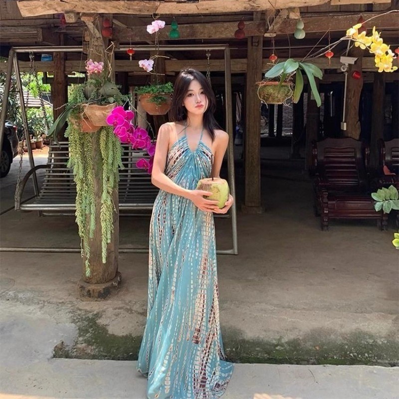 ชุดเดรสคอวีหลังเปลือยสไตล์โบฮีเมียนสำหรับผู้หญิง ชุดเดรสยาวสำหรับวันหยุดฤดูร้อน ชายหาด สุดยอดนางฟ้า ULFU