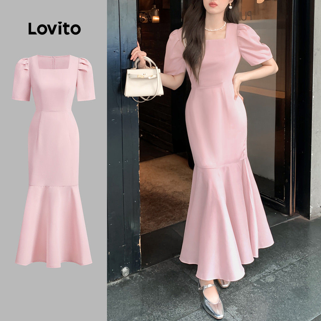 Lovito ชุดเดรสอัดพลีทสีพื้นหรูหราสําหรับผู้หญิง L129AD1413