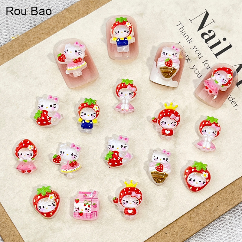 Rou Bao 50 ชิ้นเล็บสตรอเบอร์รี่ Kitty Series นมไอศกรีมน่ารักการ์ตูนเรซิ่นเล็บ Art DIY Charms ตกแต่ง