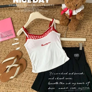 YY105 เสื้อสายเดี่ยวลายสก๊อตพร้อมบราในตัว 2 สาย ผ้านิ่ม ยืดหยุ่นได้ดี สดใสน่ารัก ราคาถูก