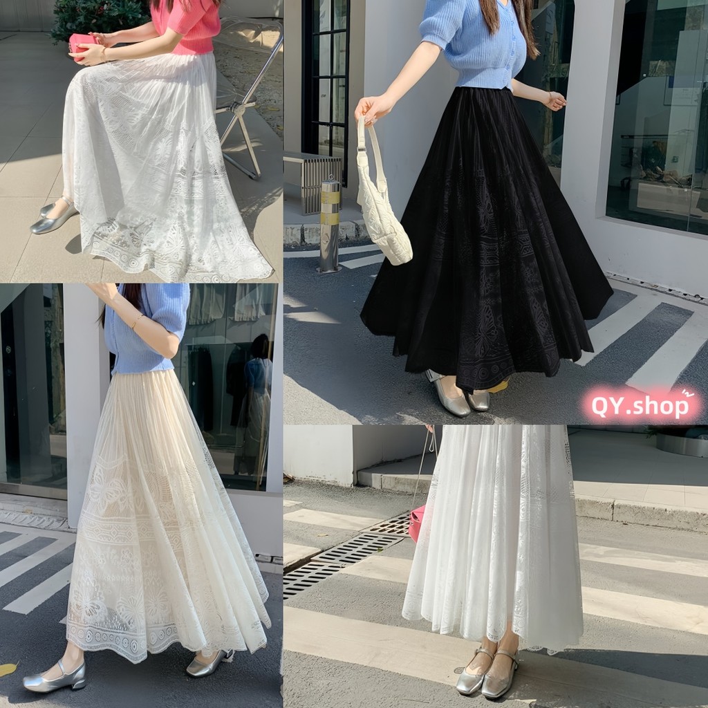 QY.Shop กระโปรงลูกไม้ยาว กระโปรง Midi ยาว กระโปรงบานใหญ่ ทําจากผ้าชีฟองลายมีสไตล์ สีส้มบานสมวัยและไดนามิก "61801"