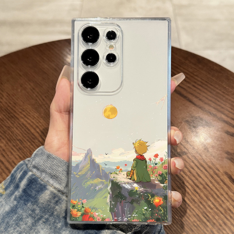 กรณีโทรศัพท์โปร่งใสเจ้าชายน้อยผู้โดดเดี่ยวเฝ้าดูพระจันทร์ เข้ากันได้กับ Samsung A55 A15 A24 A11 A04 S23 A34 A25 S24 A55 S21 S22 S25 A13 S25PLUS A53 S24 A05 แบบเจลนุ่มกันกระแทก ปกป้องเต็มรูปแบบ
