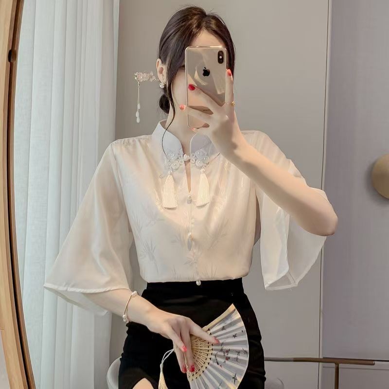 ใหม่สไตล์จีนแสงสไตล์จีนเสื้อแขนสั้นผู้หญิงแบบใหม่ฤดูร้อน ผอมลง ดูปกท้องชีฟองด้านบน