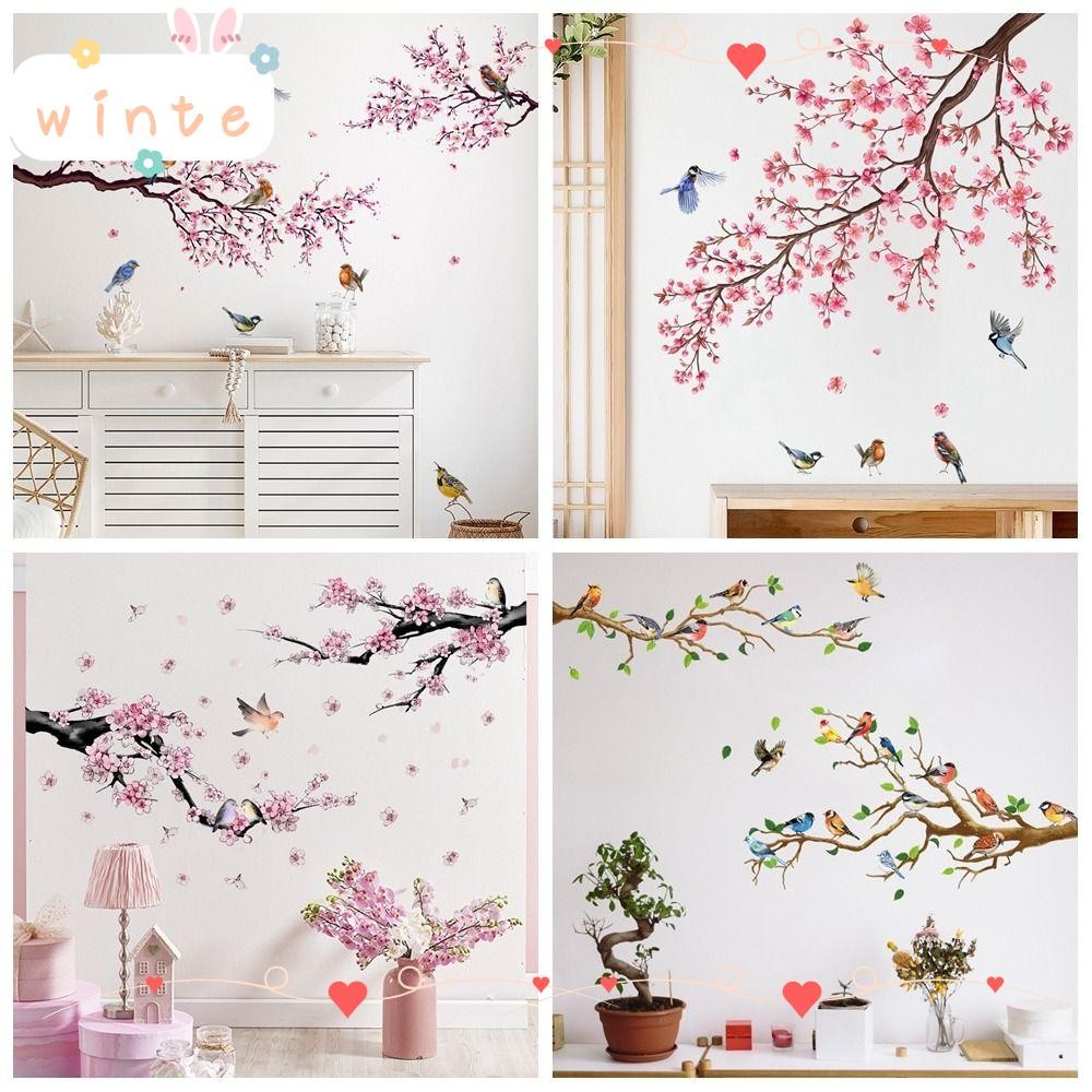 WINTE สติ๊กเกอร์ติดผนัง, หลากสี Self-กาว Bird on Tree สาขาสติกเกอร์, Creative PVC สไตล์จีนสีเขียว Leaf ดอกไม้ Blossom Decals สํานักงาน