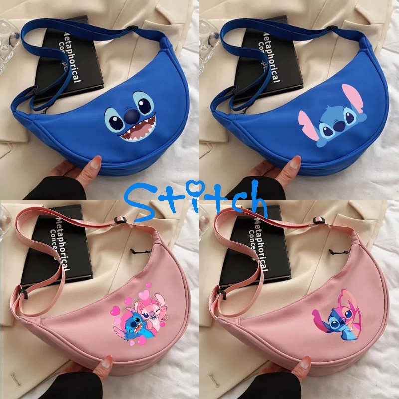 Stitch น่ารักพิมพ์กระเป๋าสะพายมุมกระเป๋าสะพายข้างแฟชั่นการเดินทางทุกวันอเนกประสงค์ไนลอน Half Moon กระเป๋า