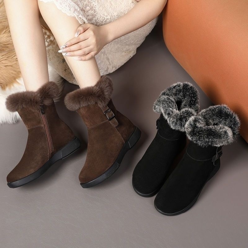 รองเท้าบูทสีทึบผู้หญิงสไตล์ฮ่องกง Plush อบอุ่นหนารองเท้ากันลื่น