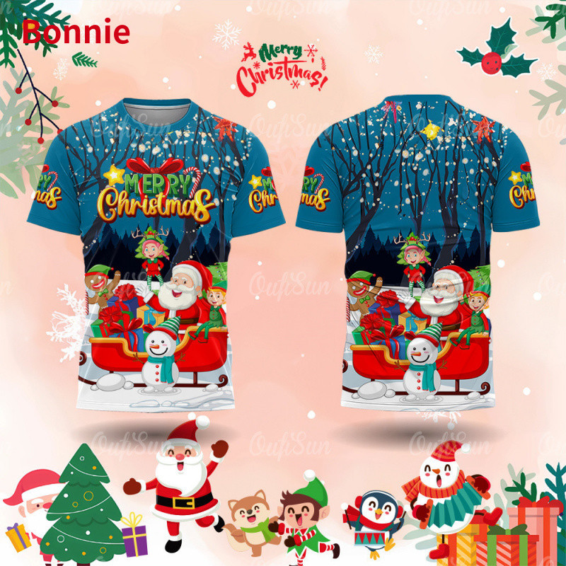 ปีใหม่ครอบครัวปาร์ตี้ลำลองแขนสั้นเสื้อยืดคริสต์มาสปาร์ตี้เสื้อยืดด้านบนพิมพ์ 3 มิติสะดวกสบาย