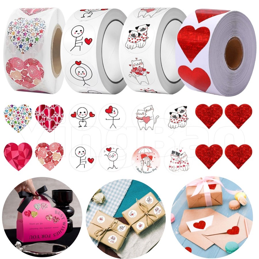 500ชิ้น/ม้วนรักสติกเกอร์วันวาเลนไทน์สติกเกอร์ซีลสีแดงเรืองแสงแววหัวใจของขวัญสติกเกอร์ตกแต่งเส้นผ่าศูนย์กลาง2.5ซม
