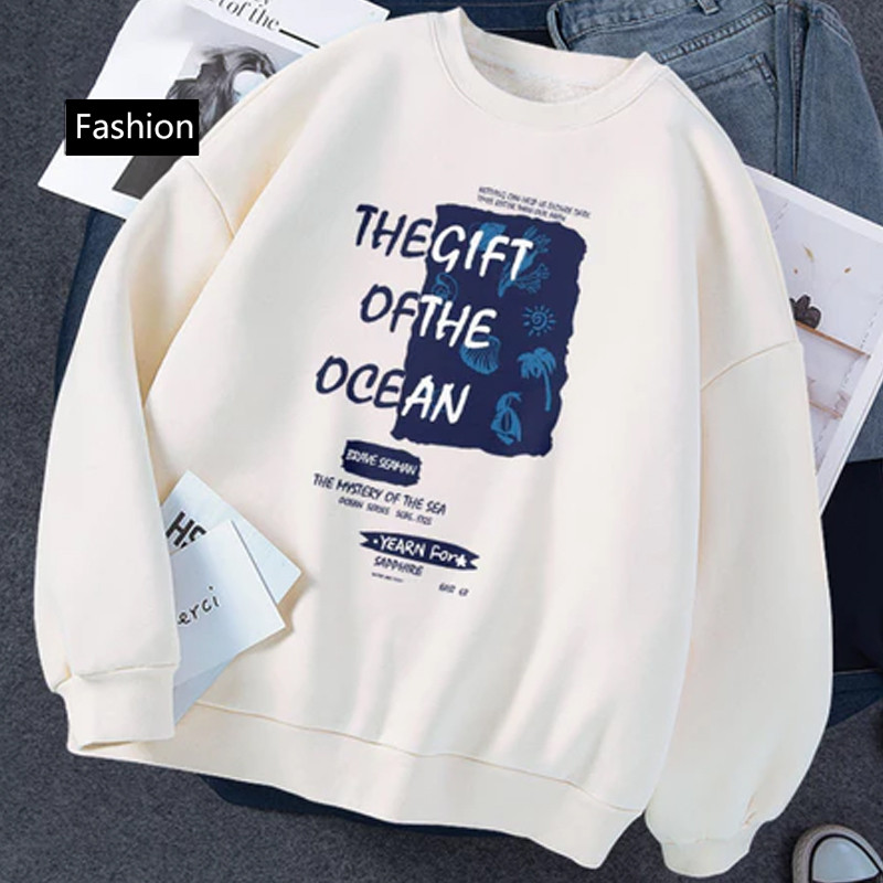 ฤดูใบไม้ร่วงรอบคอเสื้อสนุก อิน แฟชั่นจดหมายพิมพ์หลวมเหมาะสมคู่อเนกประสงค์ลําลองผู้หญิงแขนยาวด้านบน