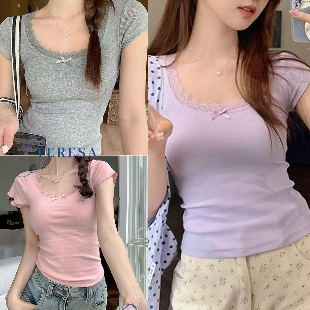 เสื้อยืดแขนสั้นสีชมพู ยูคอลายลูกไม้ สไตล์หวาน