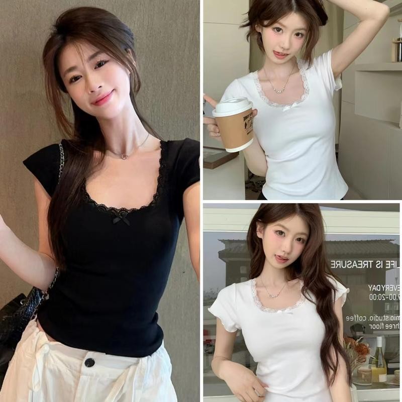 ราคาพิเศษ สินค้าล็อตสุดท้าย!! เสื้อยืดผู้หญิง สวยๆผู้หญิง เสื้อยืดคอยูผูกโบว์เล็กลูกไม้ฝร