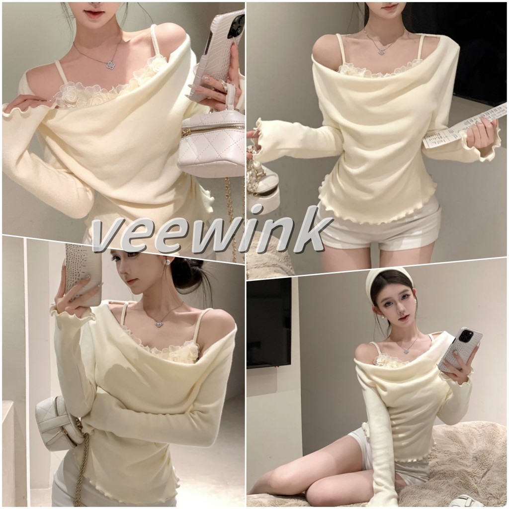 Veewink พร้อมส่งจากกทม ไหล่ข้างหนึ่ง แขนยาว เสื้อกันหนาว อ่อนโยน มีสายเอี๊ยม+ลูกไม้ด้านใน