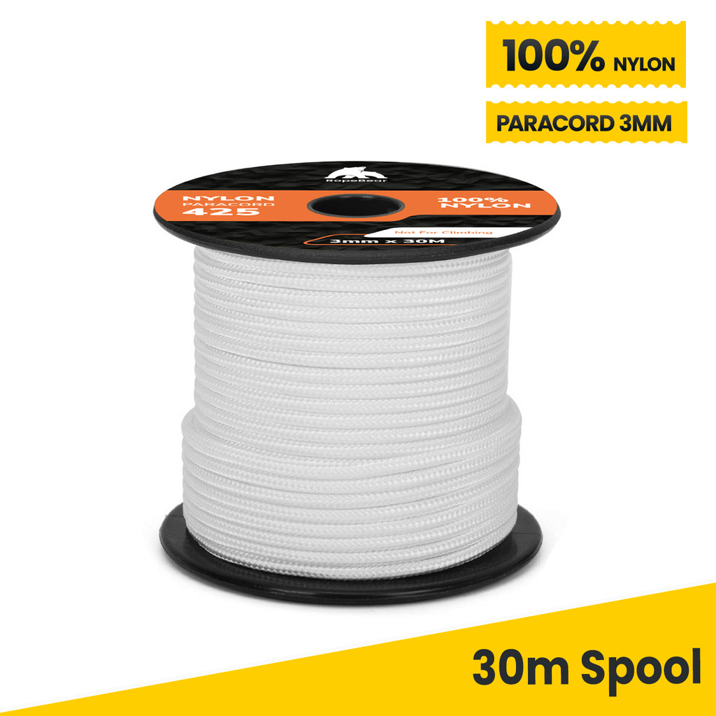 เชือกไนลอน 100%30 เมตร Paracord 3mm 3 Strands Cores Tent Rope - สีขาว