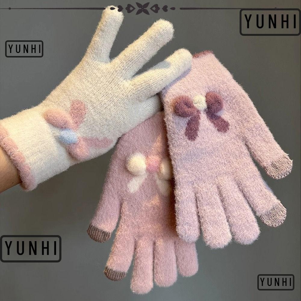 Yunhi ถุงมือถักผู้หญิง, ถุงมือฤดูหนาวที่อบอุ่น Bowknot ฤดูหนาว, หน้าจอสัมผัสกันลมนุ่ม Warm Mittens