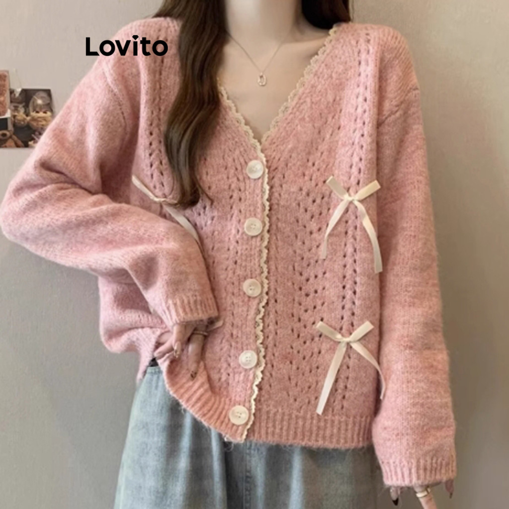 Lovito คาร์ดิแกนโบว์ธรรมดาสำหรับผู้หญิง LNA81333