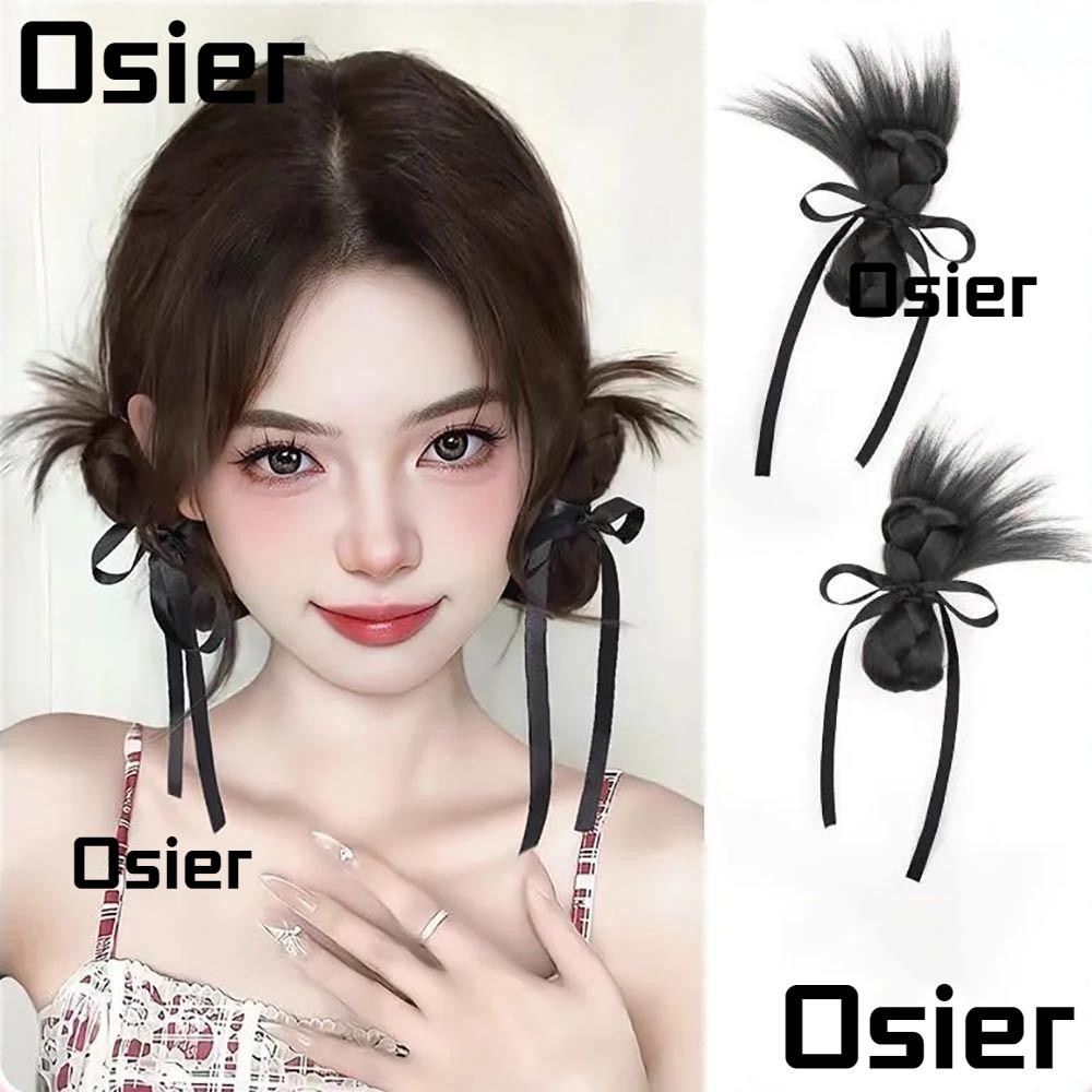 Osier1 คลิปวิกผมถัก,พร้อมริบบิ้นโบว์วิกผมสังเคราะห์กิ๊บ,หวานถัก Hairtail Extension Y2K กิ๊บติดผมโบว์ผู้หญิง