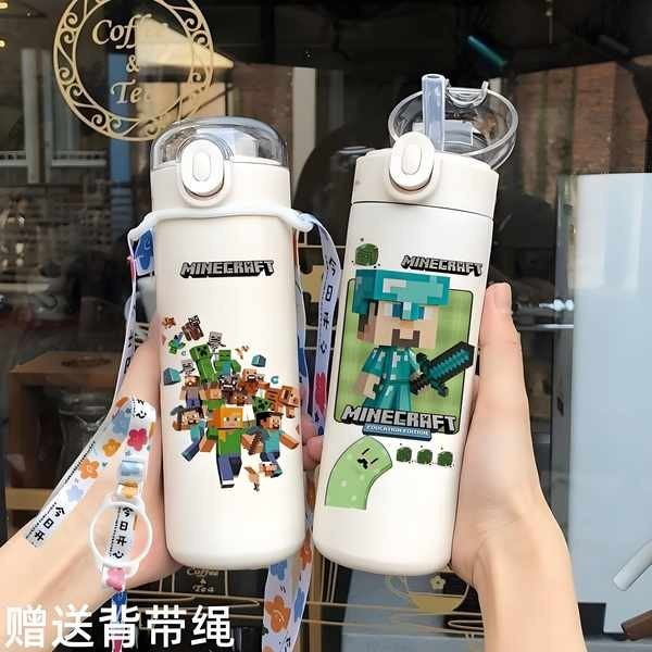 กระบอกน้ำเก็บอุณหภูมิ กระบอกน้ำเก็บความเย็น Minecraft Thermos แก้วเด็กนักเรียนอะนิเมะไม้เลื้อยฟางถ้วยน้ํา 304 สแตนเลสผู้ชายและผู้หญิงกาต้มน้ํา