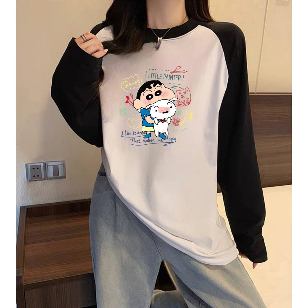Fairy เสื้อยืดแขนยาว คอกลม ทรงหลวมขนาดใหญ่ สีพื้น พิมพ์ลายชินจังการ์ตูนน่ารัก แฟชั่นฤดูใบไม้ผลิและฤดูใบไม้ร่วง #B010-1
