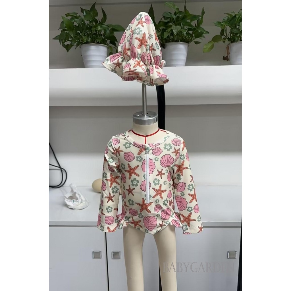 //-6เดือน-4ปี เด็กทารกผื่นยามชุดว่ายน้ํากับหมวกเปลือกปลาดาวลายซิปขึ้นแขนยาวลูกเรือคอชุดว่ายน้ํา