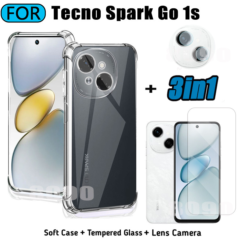 3in1 Tecno Spark Go 1s เคสโทรศัพท์นุ่มโปร่งใส Tecno Spark Go 1 Go 2025 2024 2023 กระจกนิรภัย + ฟิล์ม