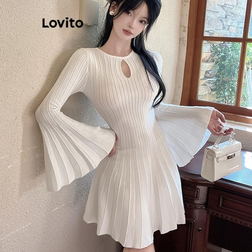 Lovito ชุดเดรสสเวตเตอร์จีบ ระบายแบบสบาย ๆ สำหรับผู้หญิง LNA83499
