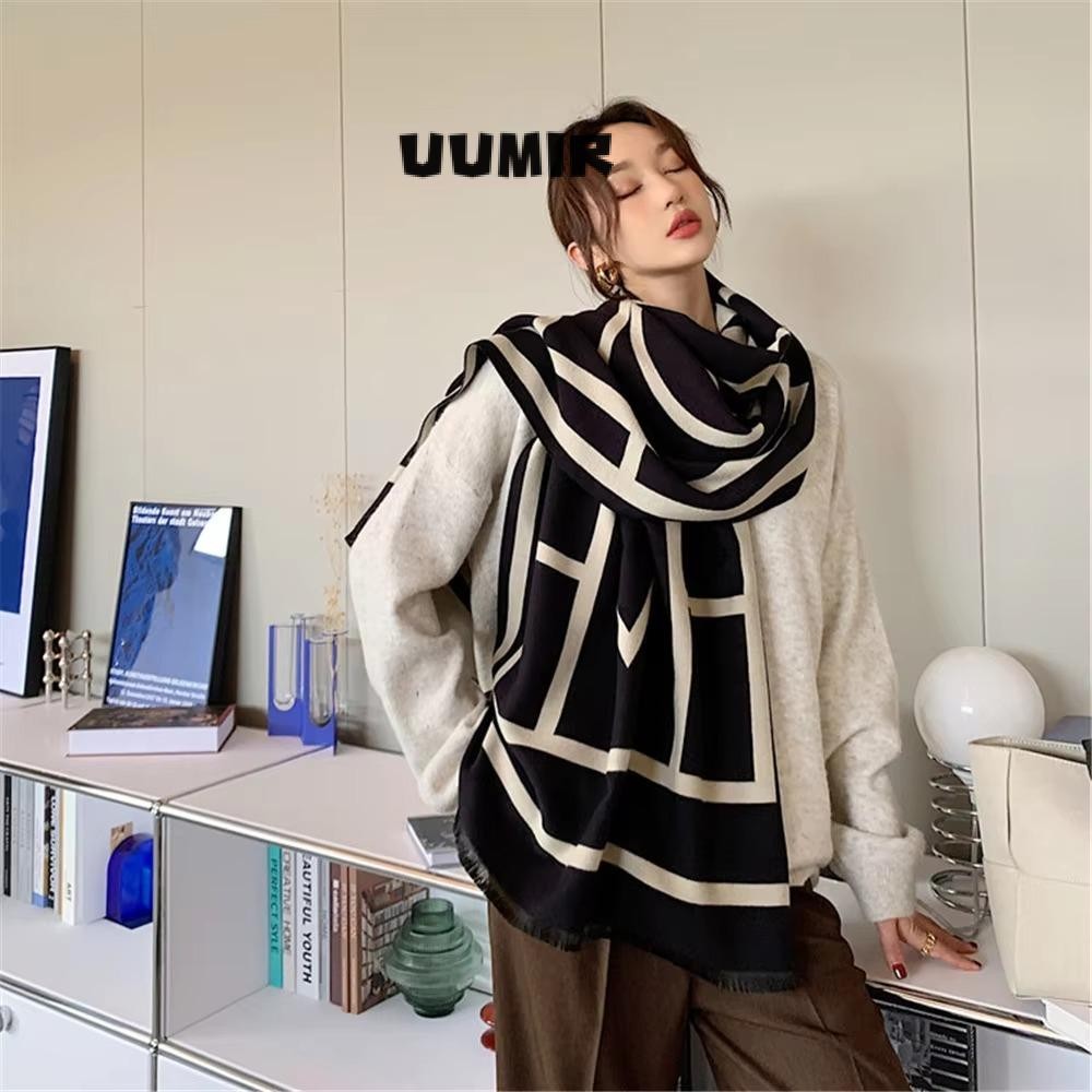 Uumir ผ้าคลุมไหล่แคชเมียร์, 190*65 ซม.แฟชั่นฤดูหนาว Wraps ผ้าพันคอ,อุ่นสองด้านสีขาวลาย Lady Fringed ผ้าคลุมไหล่