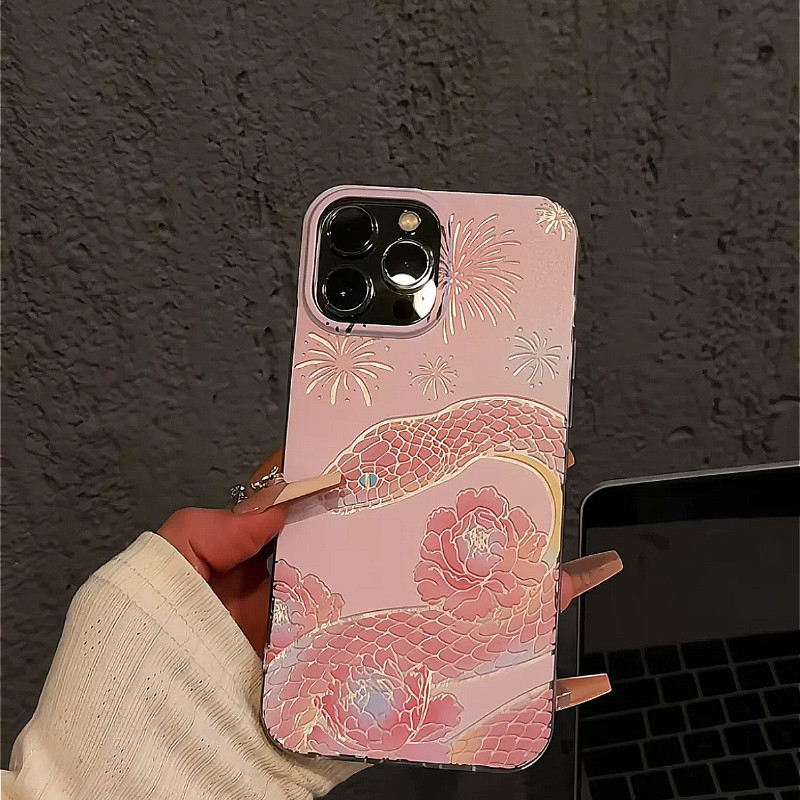Pink flower snake contrasting phone case 11 12 Promax 13 14 Pro 15 plus 16