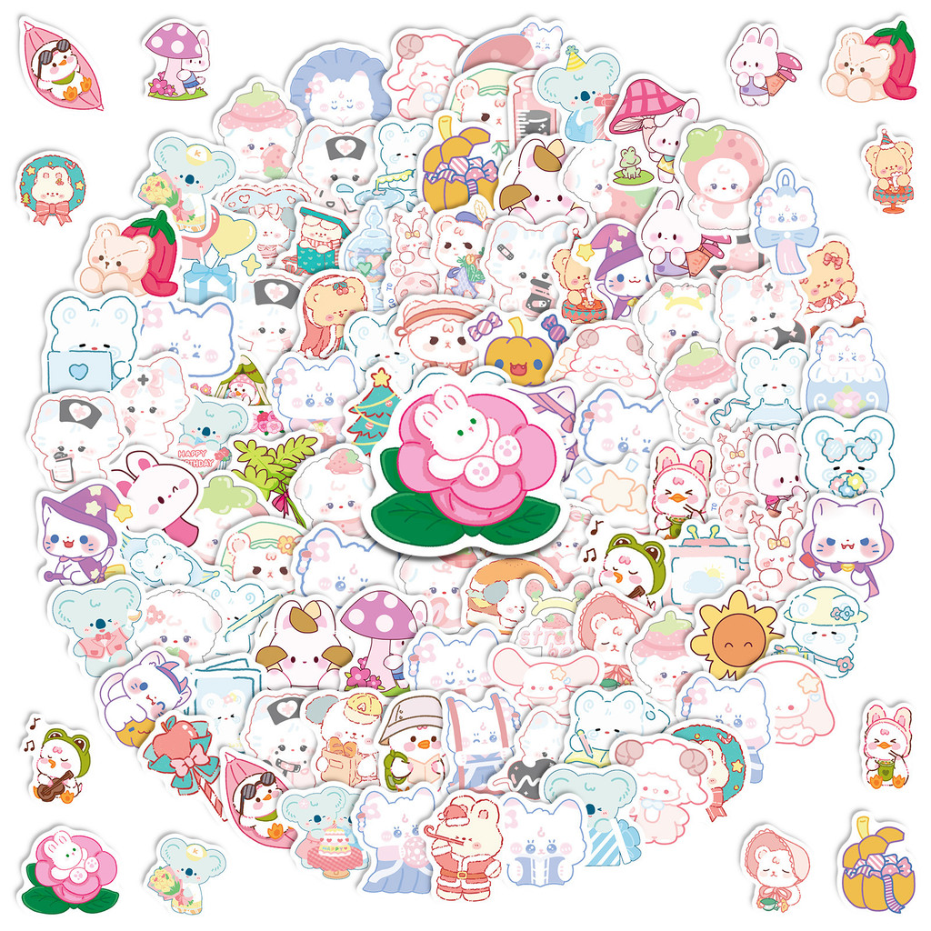 100pcs การ์ตูนน่ารัก Hand Drawn Cat หมีกระต่าย Graffiti สติกเกอร์สําหรับจักรยานบัญชีมือดินสอ Decals LanLanStickersWorld