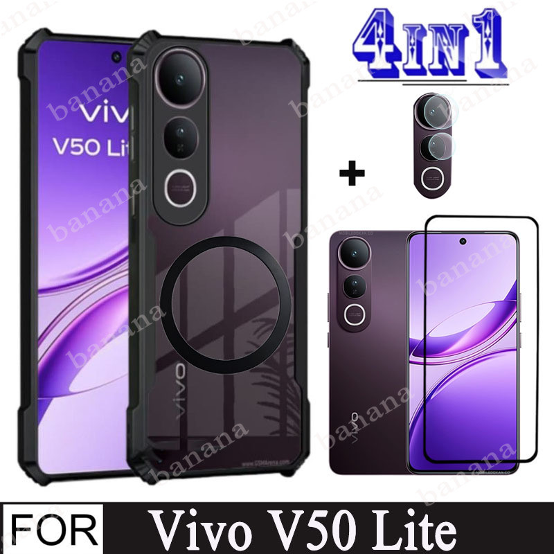 4In1 Vivo V50 Lite 5Gกรณีสติกเกอร์แม่เหล็กกันกระแทกเคสโทรศัพท์สําหรับVivo V40 Lite Y04 Y19Sกระจกนิรภัยป้องกันหน้าจอ + เลนส์ฟิล์ม