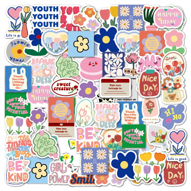(🇹🇭ชุดสติ๊กเกอร์) Cute กล่องใหญ่ PVC น่ารักกันน้ำ Stickers ดอกไม้ สติ๊กเกอร์ไดคัท ลายน่ารัก 60แผ่น พร้อมส่งใน