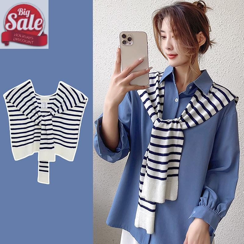 AF เกาหลีลายถักผ้าคลุมไหล่อบอุ่นฤดูหนาวหญิงเสื้อไหล่ปลอมปก Cape Knotted ผ้าพันคอ Stripe Outerwear A