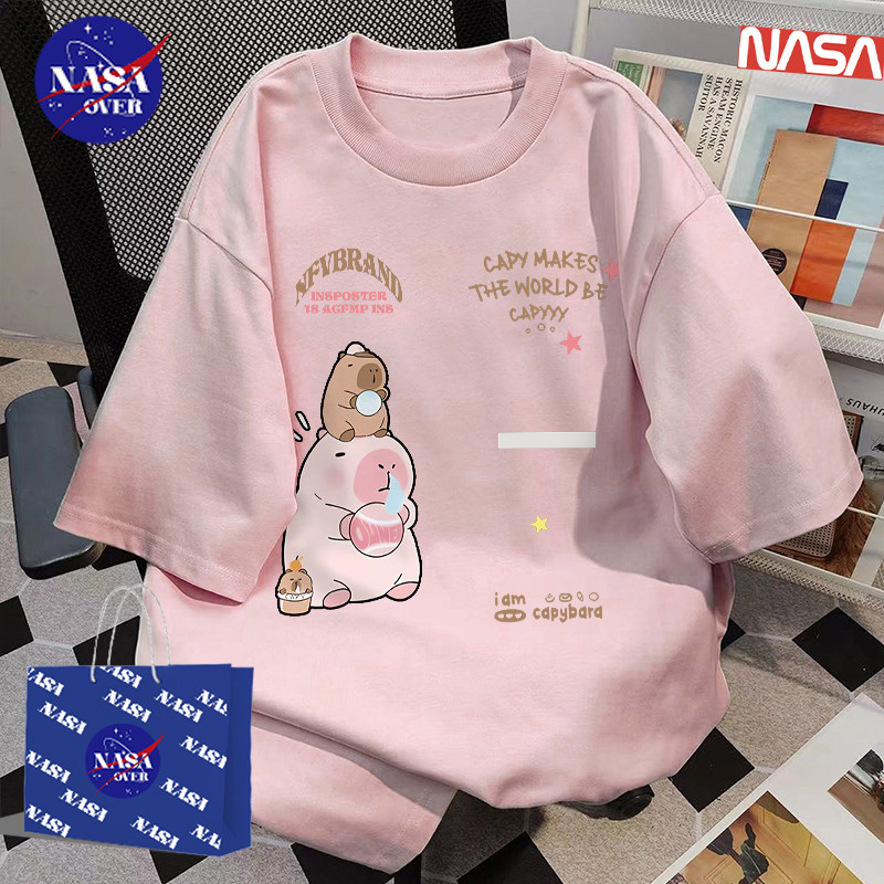 NASA✨สไตล์เกาหลีแฟชั่น✨เสื้อยืดผู้หญิงสีชมพู ขนาดใหญ่พิเศษ ลายพิมพ์ปลาปักขอบ ผ้าฝ้ายคอตตอน แขนสั้น ค