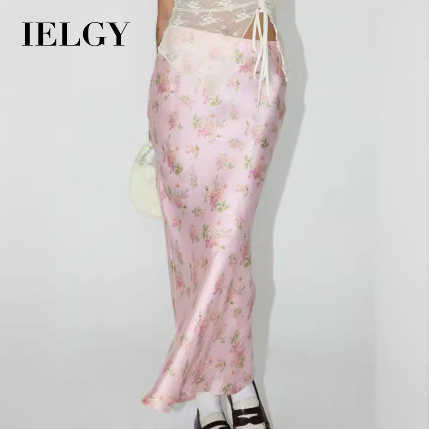 IELGY กระโปรงผ่าหลังพิมพ์ลายผ้าซาตินสําหรับผู้หญิง