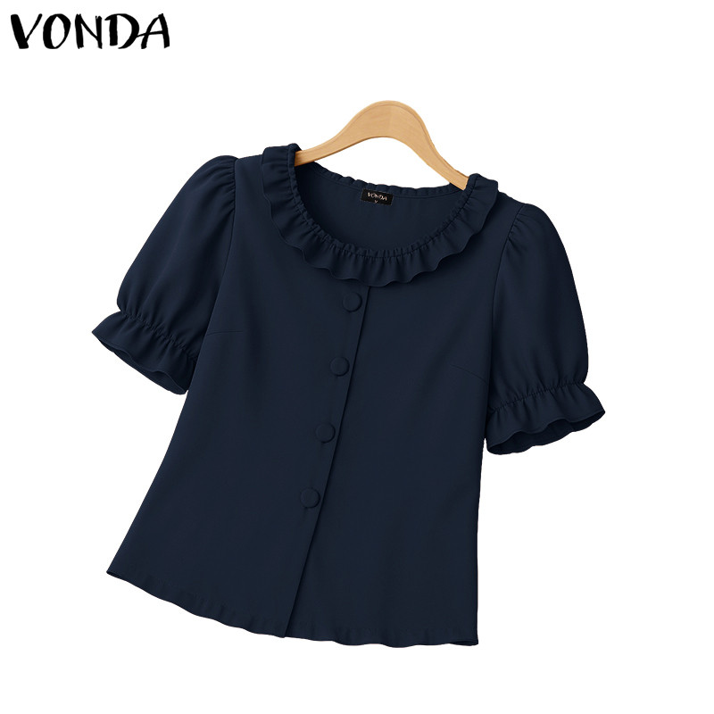 VONDA ผู้หญิงเกาหลี Ladylike ลูกเรือคอพัฟแขนเสื้อตัดแต่งไม้