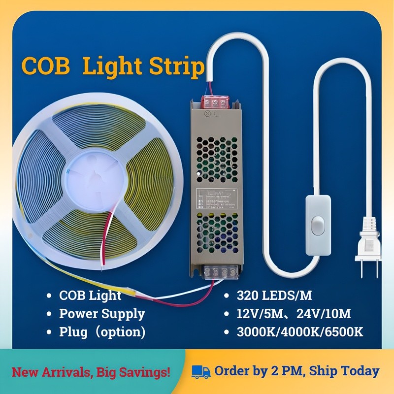 12/24V COB Strip Light แหล่งจ่ายไฟชุด 100W 200W 300W 400W ตัวเลือกปลั๊ก 5m 10m LED Strip Light
