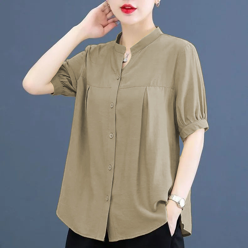 เสื้อเชิ้ตแขนสั้นผ้าชีฟองแฟชั่นแบบใหม่สำหรับฤดูร้อนเย็บจีบแบบเรียบง่ายใส่สบายระบายอากาศได้ดีแมทช์ลุคง่ายชุดคุณแม่วัยกลางเสื้อผู้หญิง