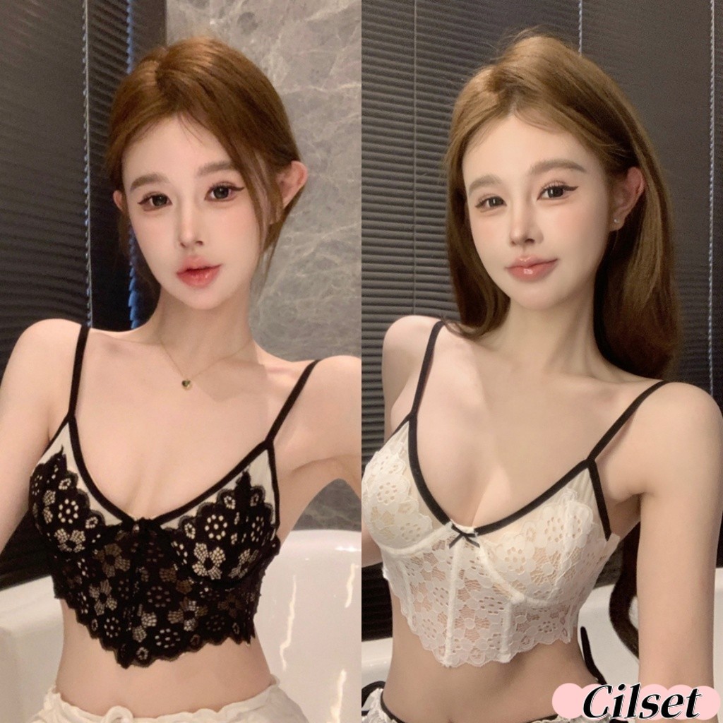 Cilset🛒พร้อมส่ง🎀 เสื้อสายเดี่ยว แต่งลูกไม่ สีขาวดำ ใส่พอดีตัว สไตล์เกาหลี /FY20233