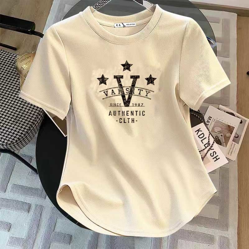 ฤดูร้อนหลวมดูเพรียวบางผิดปกติแฟชั่นรอบคอโค้งผ้าฝ้ายแขนสั้นเสื้อยืด V3JZ