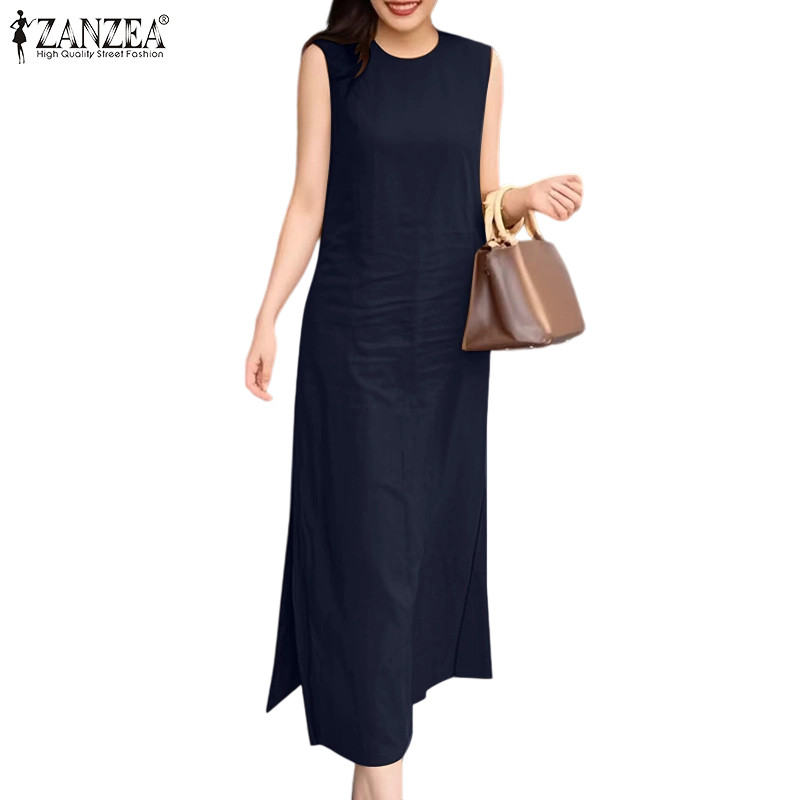 ZANZEA ซานเซีย ผู้หญิงวันหยุดลําลอง โอ คอแขนกุดด้านข้างแยกชุดเดรสตรง