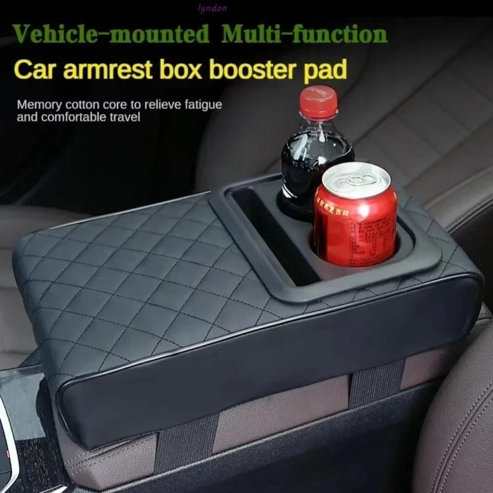 Lyndon หมอนที่เท้าแขนคอนโซลกลาง, 2 ที่วางแก้ว Thicken Auto Armrest แผ่นความสูง, Universal Anti-slip กันน้ํา PU หนังแขน Rest Extension Mat รถบรรทุก