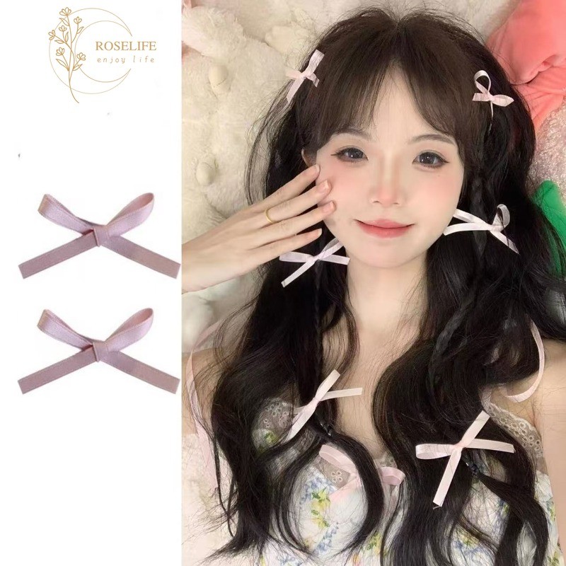Roselife French Fairy Graceful หวานน่ารักสีชมพูผ้าไหมริบบิ้นโบว์คลิปผมสําหรับผู้หญิงสาวสไตล์ Bowknot Hairpins Barrettes ทุกวันอุปกรณ์จัดแต่งทรงผม