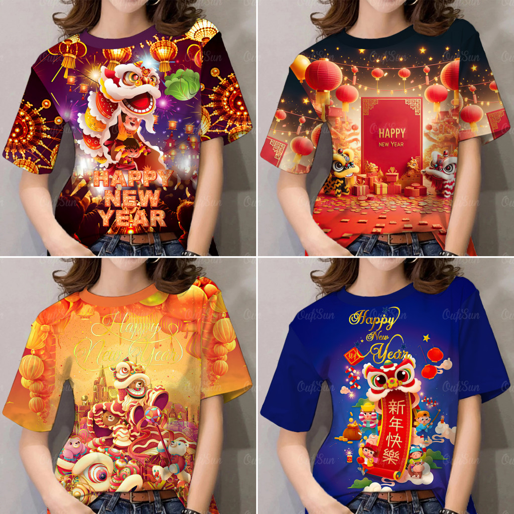 2025 เสื้อยืดสวัสดีปีใหม่ลายเชิดสิงโตแขนสั้นขนาดใหญ่ด้านบนเสื้อยืดผู้หญิงสีแดงเสื้อยืดเสื้อสวมหัวผู้หญิงปีใหม่