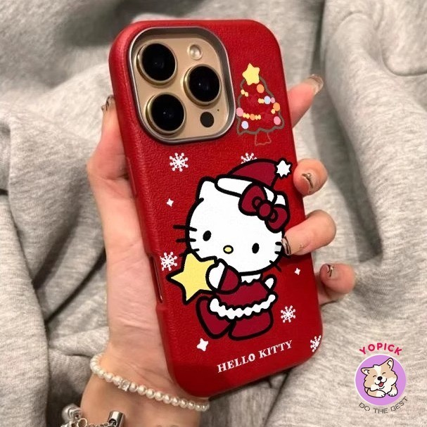 หมวกคริสต์มาส Star KT สําหรับ iPhone 16Promax เคสโทรศัพท์คริสต์มาส 16Pro 16Plus 16 15Promax 15max ไวน์แดง 14 ลายลิ้นจี่นุ่ม 13Pro 12 11 ใหม่ XS หญิง XR XSMax 7Plus SP