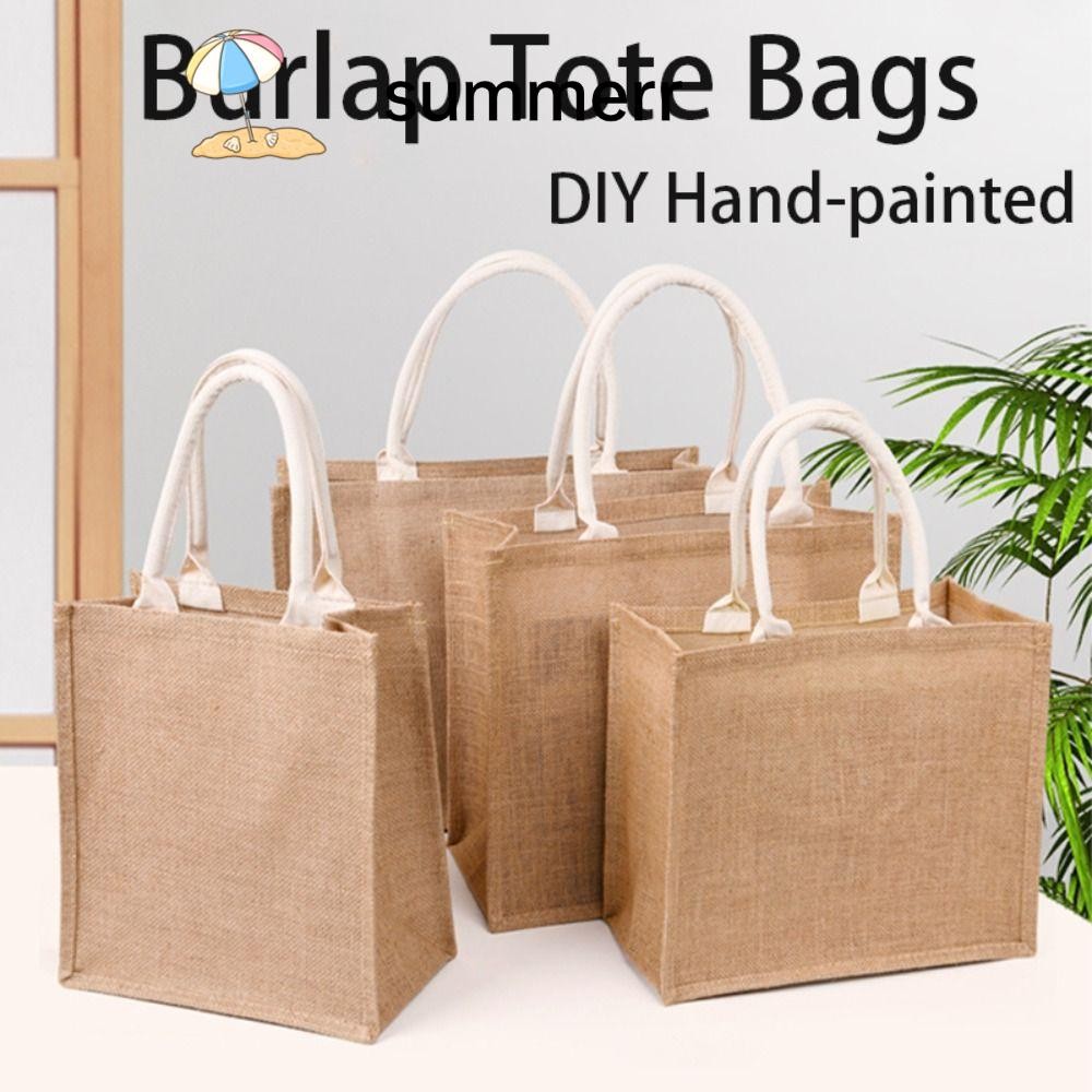Summerr ผู้หญิงผ้าลินินกระเป๋า, ปอกระเจาแบบพกพา Burlap Tote กระเป๋า, \ หลายขนาด Vintage มือวาดเลียนแบบกระสอบ DIY เป็นมิตรกับสิ่งแวดล้อมกระเป๋าผู้หญิง