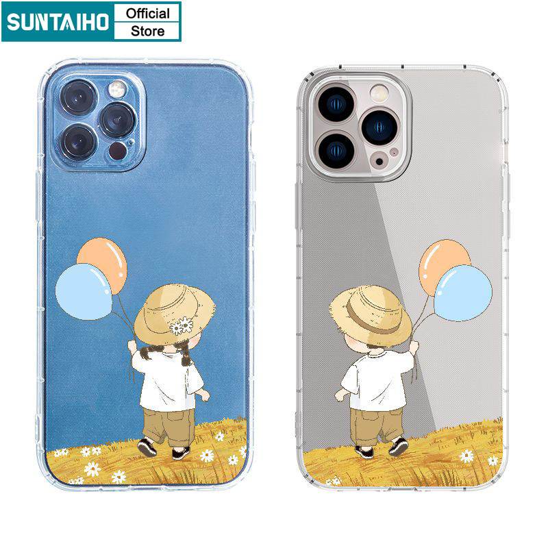 Suntaiho เคสไอโฟน ตลกน่ารักปลอกบอลลูนคู่เด็กสาวรูปแบบเคสโทรศัพท์สําหรับ Iphone 16 15 14 13 12 11 Pro Max IP 7 8 Plus Iphon X Xs XR Xs Max TPU นุ่มพรีเมี่ยมกันกระแทกปกหลัง