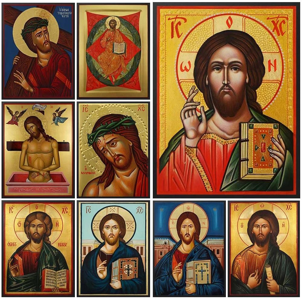 ภาพวาดผ้าใบไม่มีกรอบ Christ Blessing Icon Orthodox Pantocrator สำหรับการตกแต่งห้องโบสถ์